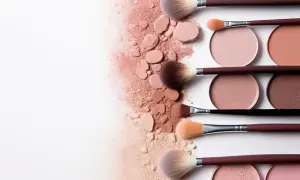 Pennelli da trucco e ciprie in una delicata **primavera soft palette** su sfondo bianco.
