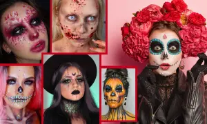 Collage di look per un trucco occhi Halloween semplice e d'effetto: da scheletro a teschio messicano, passando per zombie e strega.