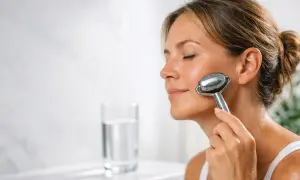 Donna usa un rullo facciale freddo per alleviare la borsa malare, un rimedio naturale per un viso riposato.