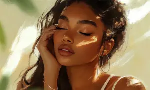Un volto femminile con make up naturale e luminoso, illuminato da raggi di sole che creano un gioco di luci e ombre sulla pelle.
