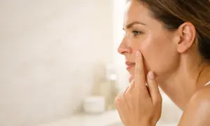 Donna si tocca il viso, preoccupata per la dermatite pelle secca e le rughe.