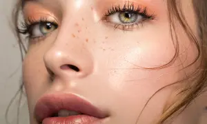 Occhi verdi con trucco nude, ciglia lunghe e labbra piene. La pelle è luminosa con lentiggini naturali.