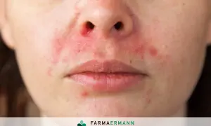 Viso arrossato e irritato, con piccole pustole e zone squamose, indicative di lieve dermatite seborroica viso.