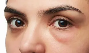 Occhi gonfi al mattino, con borse evidenti sotto le palpebre inferiori. Le sopracciglia scure incorniciano uno sguardo intenso.