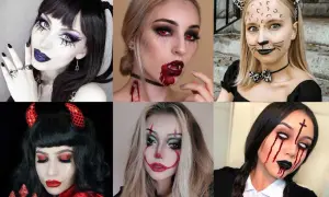 Sei donne con diversi tipi di trucco Halloween: vampiro, diavoletta, gatta, clown e altre creazioni spaventose.