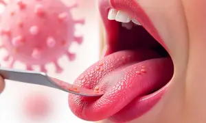 Lingua con vescicole rosse, esaminata da uno strumento, con un virus rosa sullo sfondo. La boccarola è contagiosa.