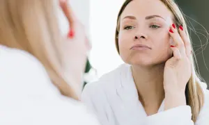 Donna si guarda allo specchio, preoccupata per i pori dilatati del viso.
