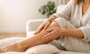 Donna si massaggia le gambe, cercando sollievo dalla ritenzione idrica.