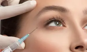 Un medico con guanti bianchi inietta un trattamento per come togliere le occhiaie, migliorando la zona perioculare.