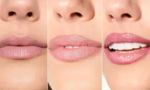 Tre primi piani di labbra con diversi tipi di bocca e rossetti: nude, rosa tenue e rosa brillante.