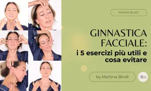 Collage di esercizi di yoga facciale, con testo che indica "i 5 esercizi più utili e cosa evitare", suggerendo le yoga facciale controindicazioni.