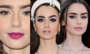 Lily Collins con makeup che esalta l'armocromia inverno profondo: labbra fucsia, ombretto lilla e eyeliner viola.