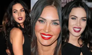 Megan Fox con labbra rosse e blu elettrico, un vero inverno assoluto palette.