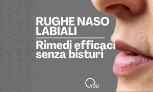 Primo piano di labbra e naso con rughe nasogeniene. Testo: "Rughe naso labiali: rimedi efficaci senza bisturi".