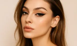 Occhi da sirena con eyeliner grafico e labbra nude.