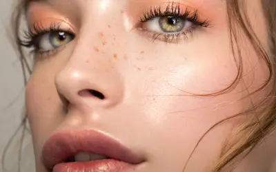 Occhi verdi con trucco nude, ciglia lunghe e labbra piene. La pelle è luminosa con lentiggini naturali.