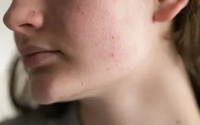Primo piano del viso di una persona con rossori e imperfezioni, indicativi di una barriera cutanea danneggiata.
