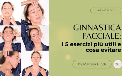 Collage di esercizi di yoga facciale, con testo che indica "i 5 esercizi più utili e cosa evitare", suggerendo le yoga facciale controindicazioni.