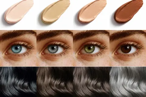Armocromia inverno: campioni fondotinta, occhi azzurri, grigi, verdi, castani e capelli neri, castani, grigi.