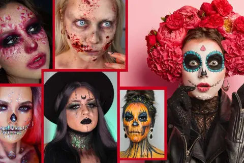 Collage di look per un trucco occhi Halloween semplice e d'effetto: da scheletro a teschio messicano, passando per zombie e strega.