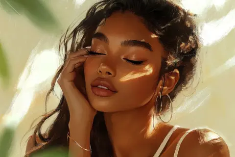 Un volto femminile con make up naturale e luminoso, illuminato da raggi di sole che creano un gioco di luci e ombre sulla pelle.