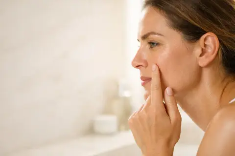 Donna si tocca il viso, preoccupata per la dermatite pelle secca e le rughe.