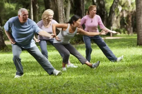 Gruppo di persone pratica tai chi in un parco, con movimenti fluidi e concentrati tra gli alberi.