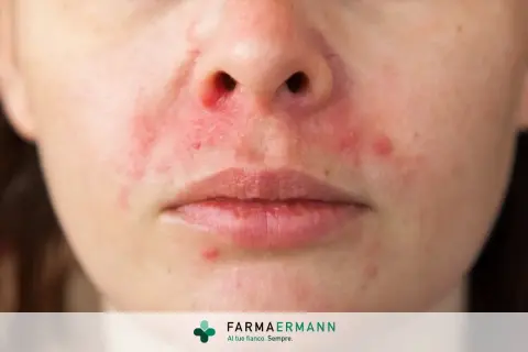 Viso arrossato e irritato, con piccole pustole e zone squamose, indicative di lieve dermatite seborroica viso.
