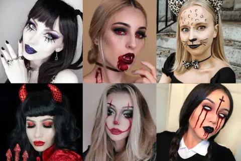 Sei donne con diversi tipi di trucco Halloween: vampiro, diavoletta, gatta, clown e altre creazioni spaventose.