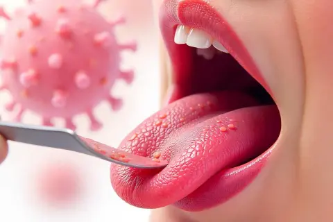 Lingua con vescicole rosse, esaminata da uno strumento, con un virus rosa sullo sfondo. La boccarola è contagiosa.