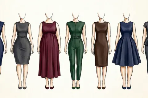 Illustrazione di diverse tipologie di fisico femminile, ognuna con un outfit distinto.