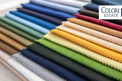 Una palette di tessuti che evoca l'estate assoluta, con sfumature che vanno dal blu del cielo al verde della natura, passando per tonalità calde e terrose.