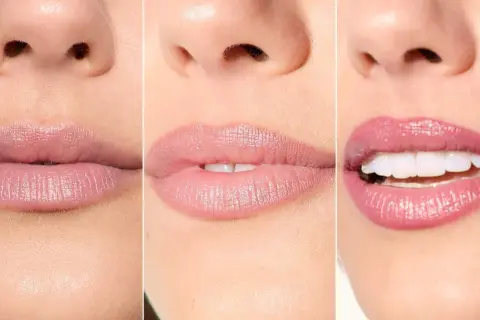 Tre primi piani di labbra con diversi tipi di bocca e rossetti: nude, rosa tenue e rosa brillante.