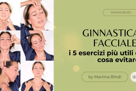 Collage di esercizi di yoga facciale, con testo che indica "i 5 esercizi più utili e cosa evitare", suggerendo le yoga facciale controindicazioni.