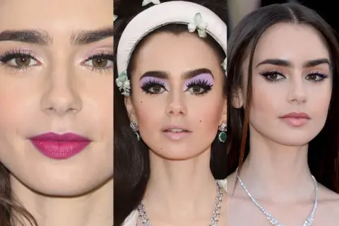 Lily Collins con makeup che esalta l'armocromia inverno profondo: labbra fucsia, ombretto lilla e eyeliner viola.