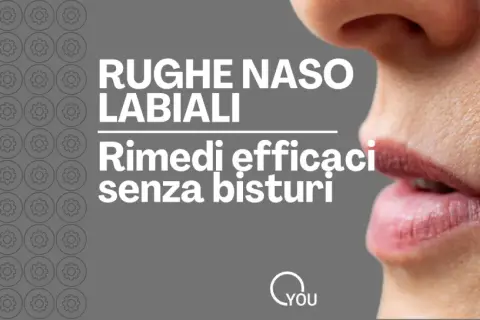 Primo piano di labbra e naso con rughe nasogeniene. Testo: "Rughe naso labiali: rimedi efficaci senza bisturi".