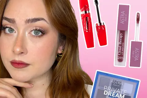 Ragazza con trucco per capodanno: mascara rosso, rossetto opaco e palette occhi Astra.