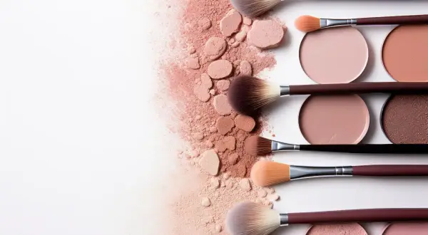 Pennelli da trucco e ciprie in una delicata **primavera soft palette** su sfondo bianco.
