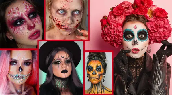 Collage di look per un trucco occhi Halloween semplice e d'effetto: da scheletro a teschio messicano, passando per zombie e strega.