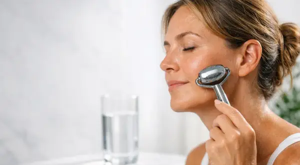 Donna usa un rullo facciale freddo per alleviare la borsa malare, un rimedio naturale per un viso riposato.