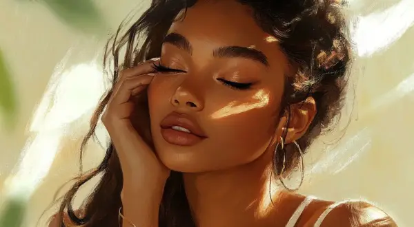 Un volto femminile con make up naturale e luminoso, illuminato da raggi di sole che creano un gioco di luci e ombre sulla pelle.