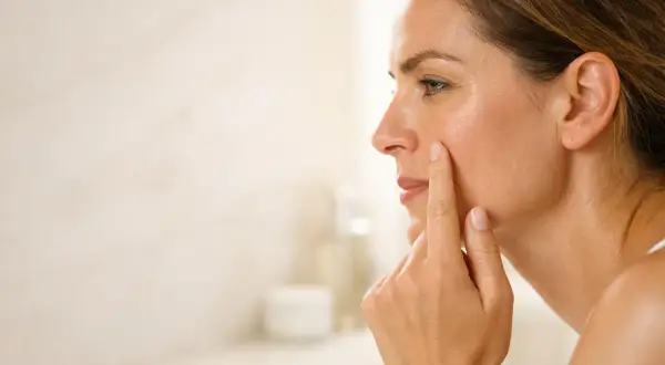Donna si tocca il viso, preoccupata per la dermatite pelle secca e le rughe.