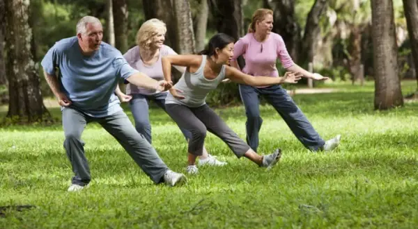 Gruppo di persone pratica tai chi in un parco, con movimenti fluidi e concentrati tra gli alberi.