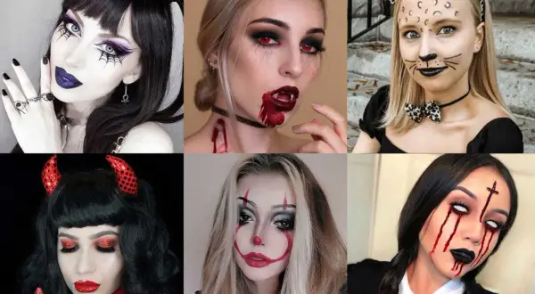 Sei donne con diversi tipi di trucco Halloween: vampiro, diavoletta, gatta, clown e altre creazioni spaventose.