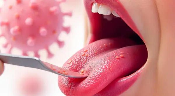 Lingua con vescicole rosse, esaminata da uno strumento, con un virus rosa sullo sfondo. La boccarola è contagiosa.