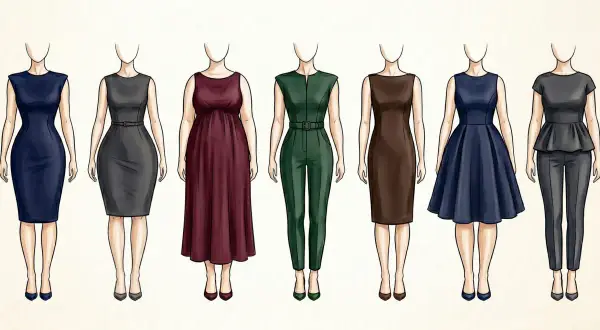 Illustrazione di diverse tipologie di fisico femminile, ognuna con un outfit distinto.