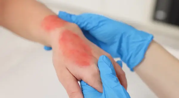 Mano con ustione rossa e infiammata, assistita da mani con guanti blu. Impara cosa fare in caso di ustione.