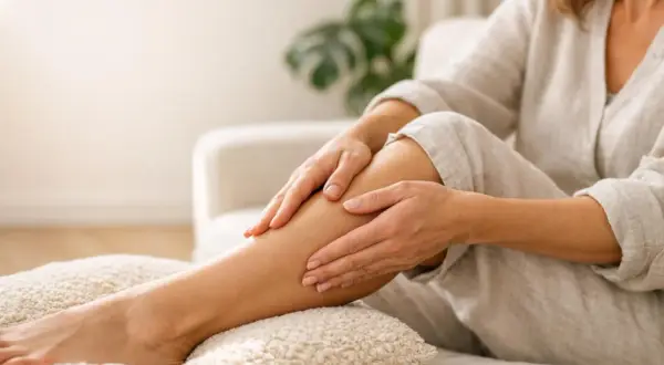 Donna si massaggia le gambe, cercando sollievo dalla ritenzione idrica.