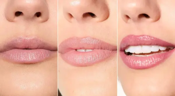 Tre primi piani di labbra con diversi tipi di bocca e rossetti: nude, rosa tenue e rosa brillante.