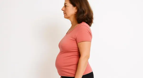 Donna vista di profilo, con evidente ingrasso solo sulla pancia. Indossa una maglietta corallo e pantaloni neri.